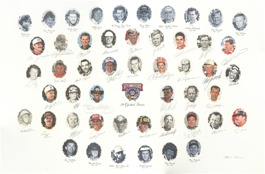 1998 NASCAR Signed 50 Greatest Drivers Lithograph With 34 Signatures Including Dale Earnhardt, Richard Petty, & Jeff Gordon (Beckett)
